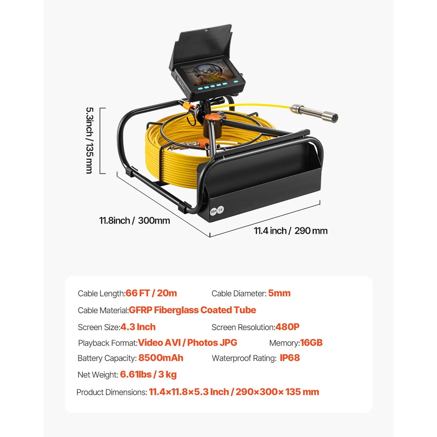 VEVOR 65.6FT Sewer Inspection Camera with 4.3" Screen, DVR Function, Waterproof IP68 Borescope, and LED Lights for Plumbing and Pipeline Inspection