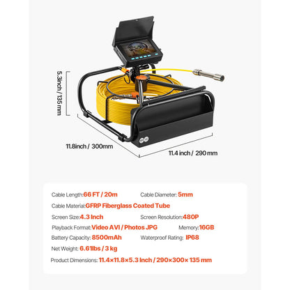 VEVOR 65.6FT Sewer Inspection Camera with 4.3" Screen, DVR Function, Waterproof IP68 Borescope, and LED Lights for Plumbing and Pipeline Inspection