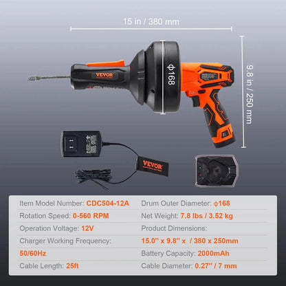 VEVOR 12V Electric Drain Auger, Summervibes, 25FT Cordless Plumbing Snake Auto Feed, Pipeline Snake Drain Clog Remover with Power Drill for 3/4"-2" Pipes, 2.0Ah Battery and Charger Included