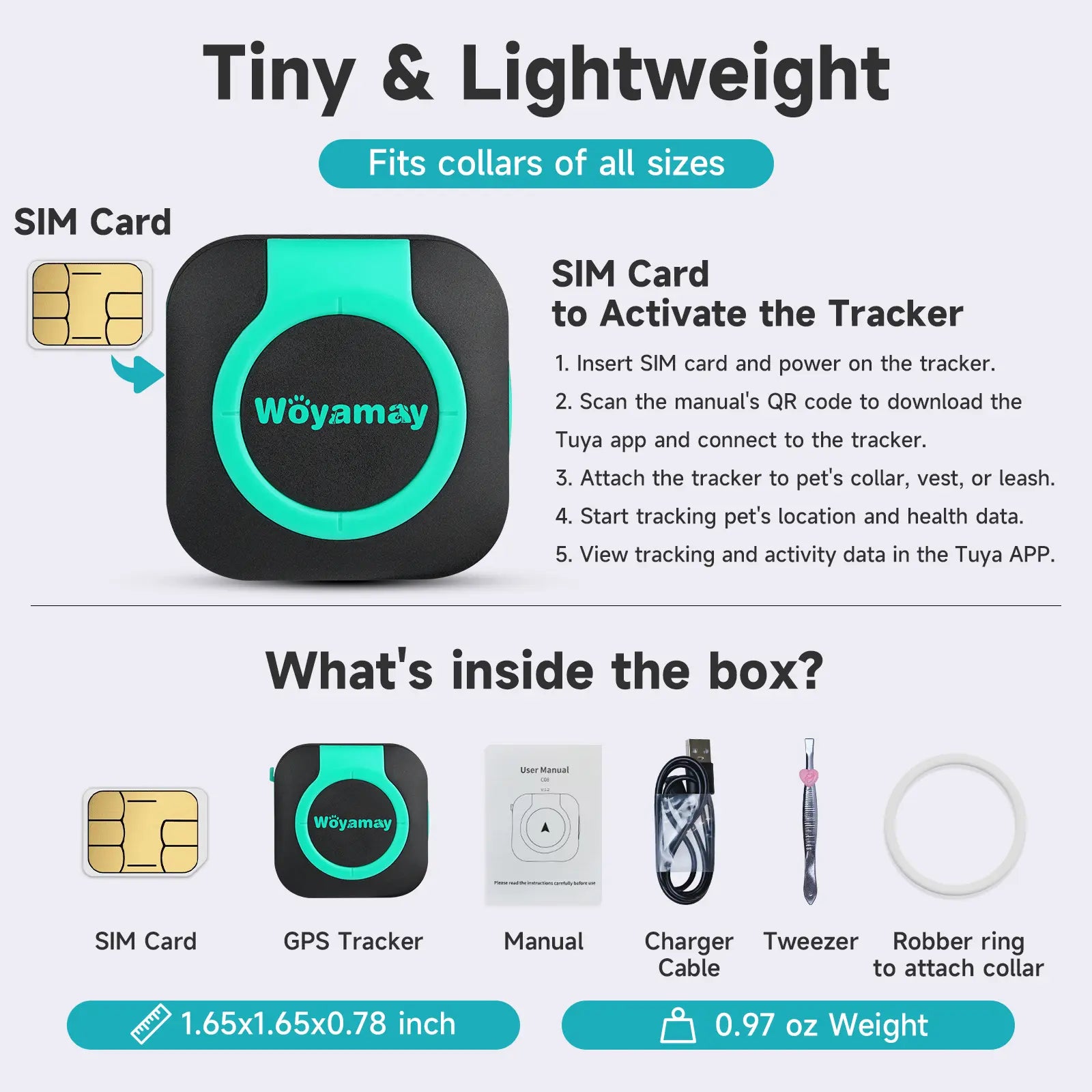 Woyamay GPS Tracker for Dogs and Cats, Tracker with Health Monitor, Mini GPS Pet Tracker, Waterproof&Light, Any Collar(Android& Ios Universal) Map Sim