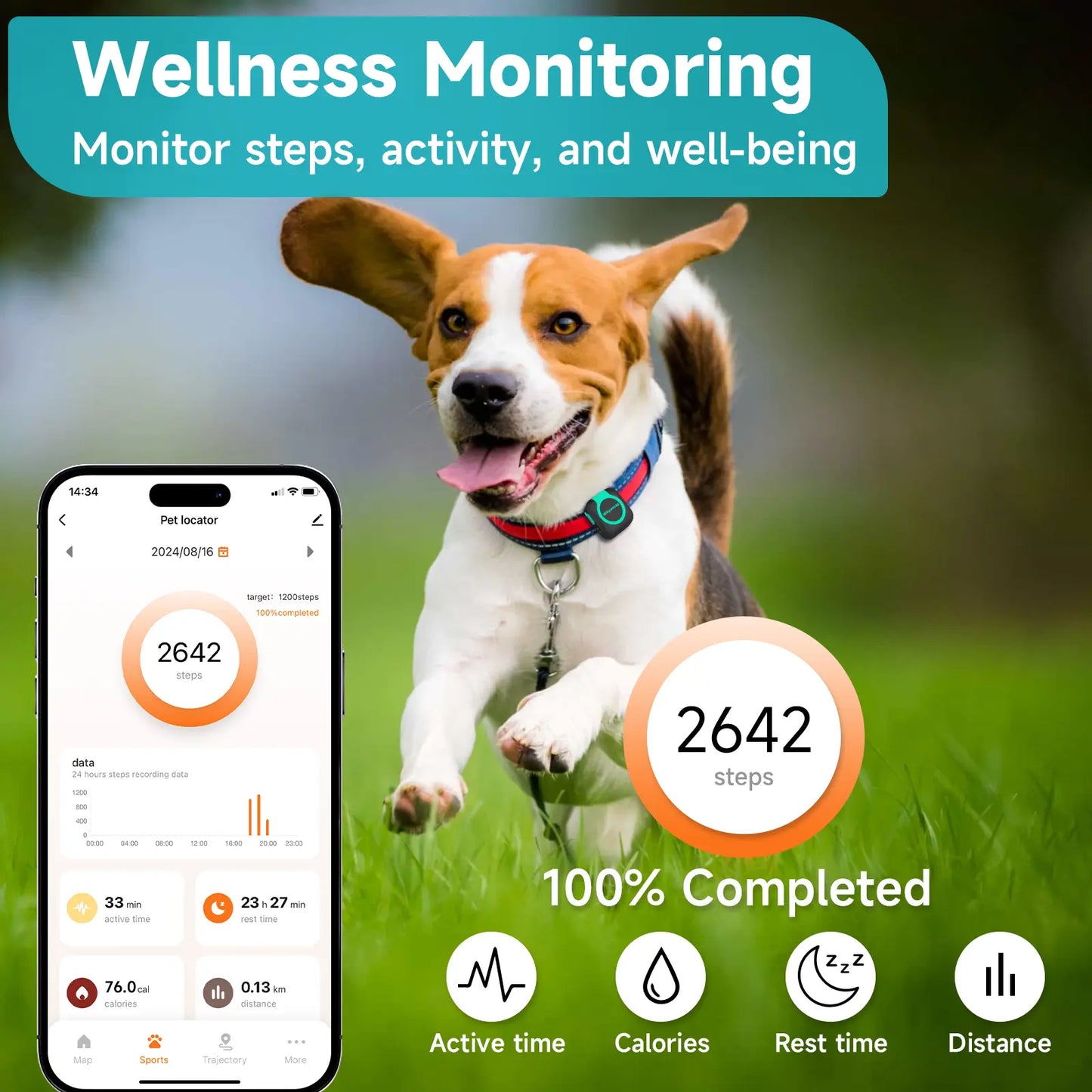 Woyamay GPS Tracker for Dogs and Cats, Tracker with Health Monitor, Mini GPS Pet Tracker, Waterproof&Light, Any Collar(Android& Ios Universal) Map Sim