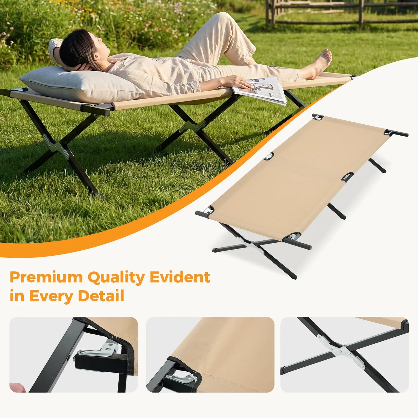 Collapsible Camping Cot, Portable Folding Bed for Camping, Outdoor Travel, Office Nap & Home Use, Heavy Duty Sleeping Cot for RV, Backyard, Beach & Indoor