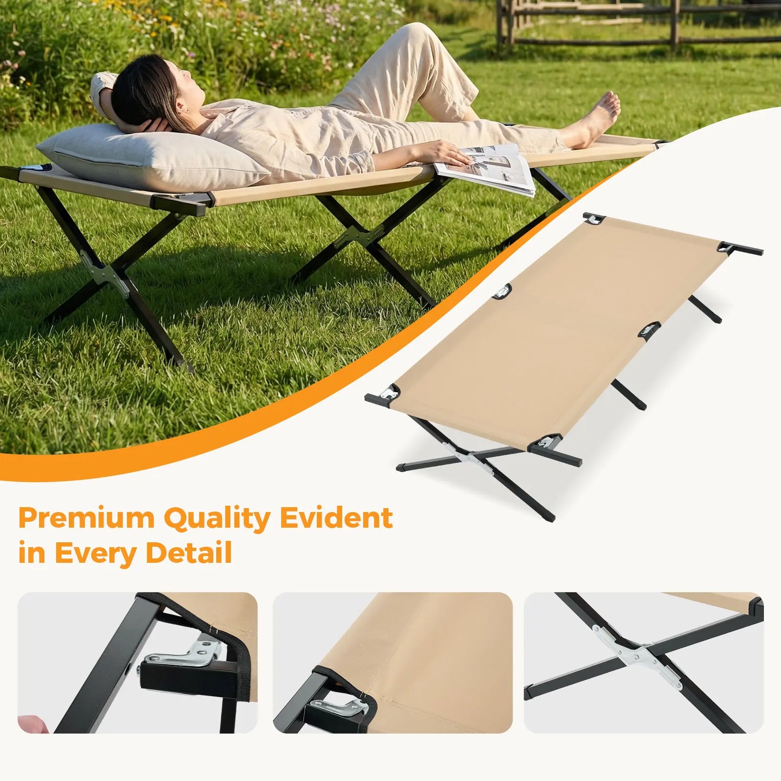 Collapsible Camping Cot, Portable Folding Bed for Camping, Outdoor Travel, Office Nap & Home Use, Heavy Duty Sleeping Cot for RV, Backyard, Beach & Indoor