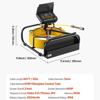 VEVOR 65.6FT Sewer Inspection Camera with 4.3" Screen, DVR Function, Waterproof IP68 Borescope, and LED Lights for Plumbing and Pipeline Inspection