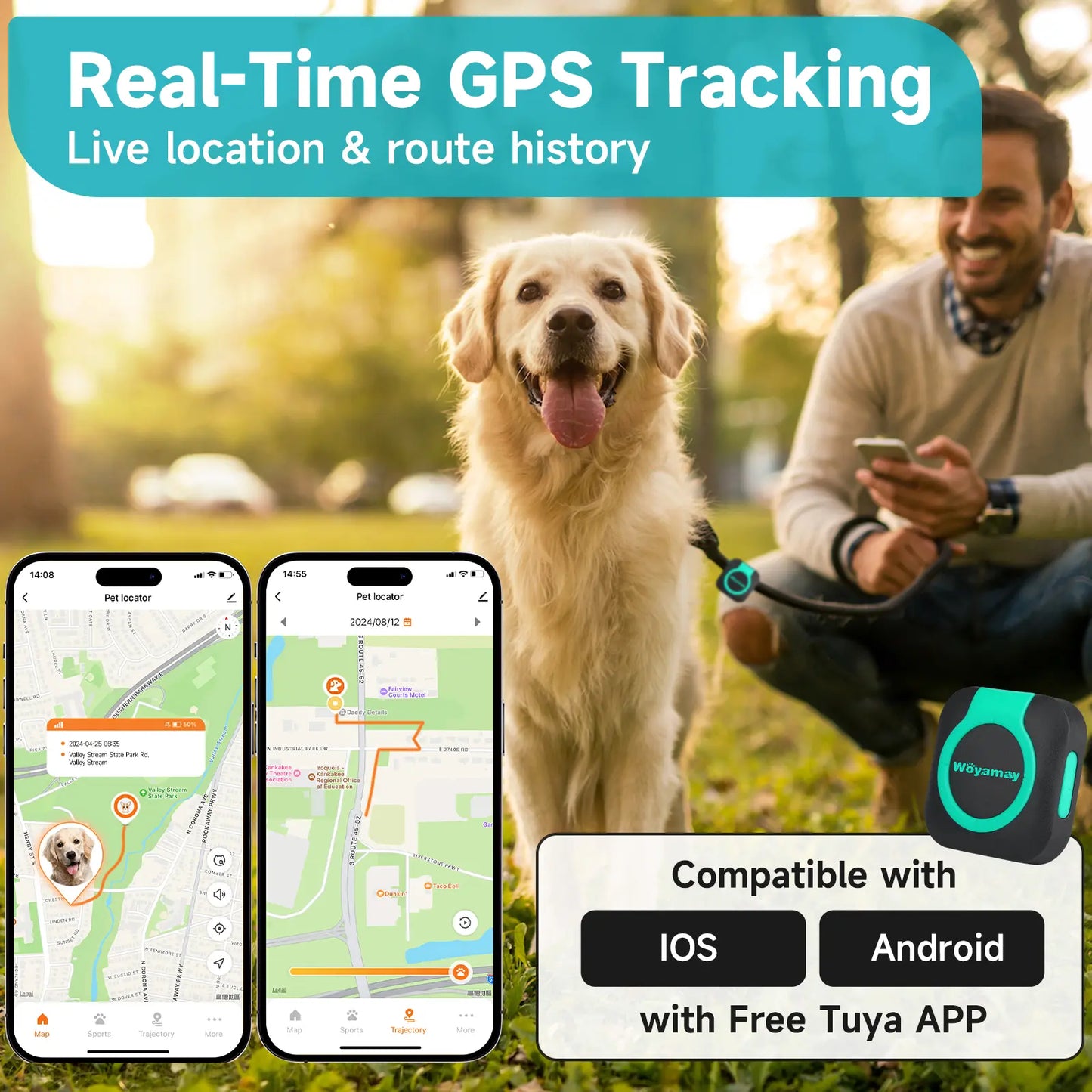 Woyamay GPS Tracker for Dogs and Cats, Tracker with Health Monitor, Mini GPS Pet Tracker, Waterproof&Light, Any Collar(Android& Ios Universal) Map Sim