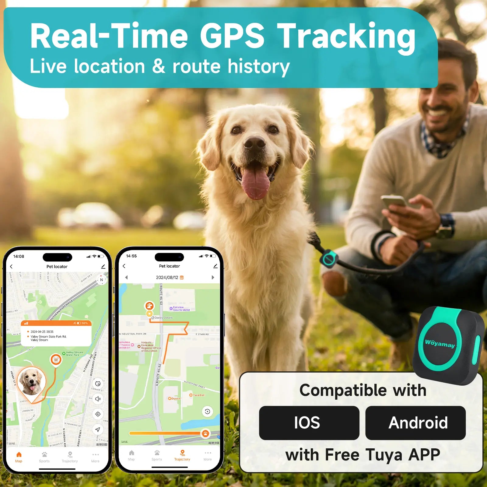 Woyamay GPS Tracker for Dogs and Cats, Tracker with Health Monitor, Mini GPS Pet Tracker, Waterproof&Light, Any Collar(Android& Ios Universal) Map Sim