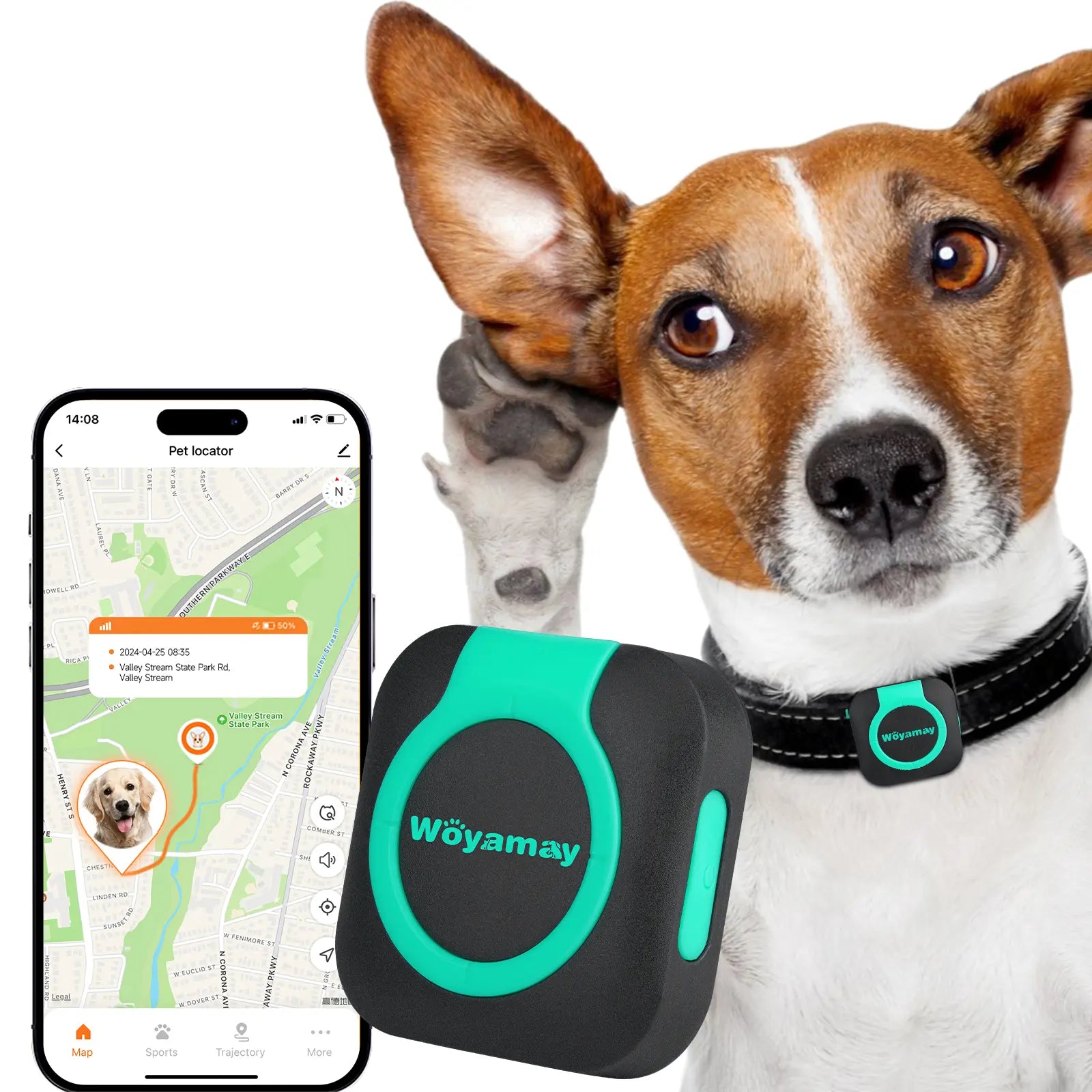 Woyamay GPS Tracker for Dogs and Cats, Tracker with Health Monitor, Mini GPS Pet Tracker, Waterproof&Light, Any Collar(Android& Ios Universal) Map Sim