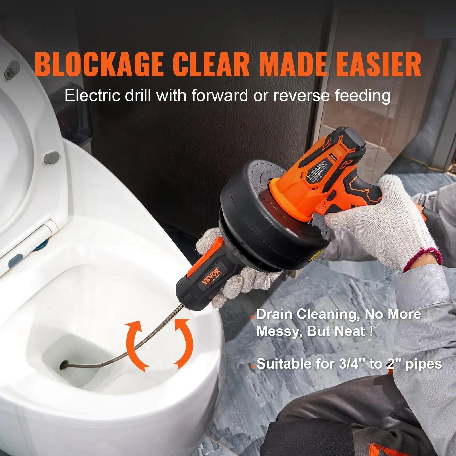 VEVOR 12V Electric Drain Auger, Summervibes, 25FT Cordless Plumbing Snake Auto Feed, Pipeline Snake Drain Clog Remover with Power Drill for 3/4"-2" Pipes, 2.0Ah Battery and Charger Included
