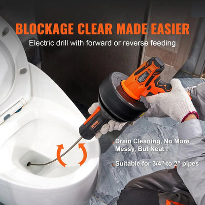 VEVOR 12V Electric Drain Auger, Summervibes, 25FT Cordless Plumbing Snake Auto Feed, Pipeline Snake Drain Clog Remover with Power Drill for 3/4"-2" Pipes, 2.0Ah Battery and Charger Included