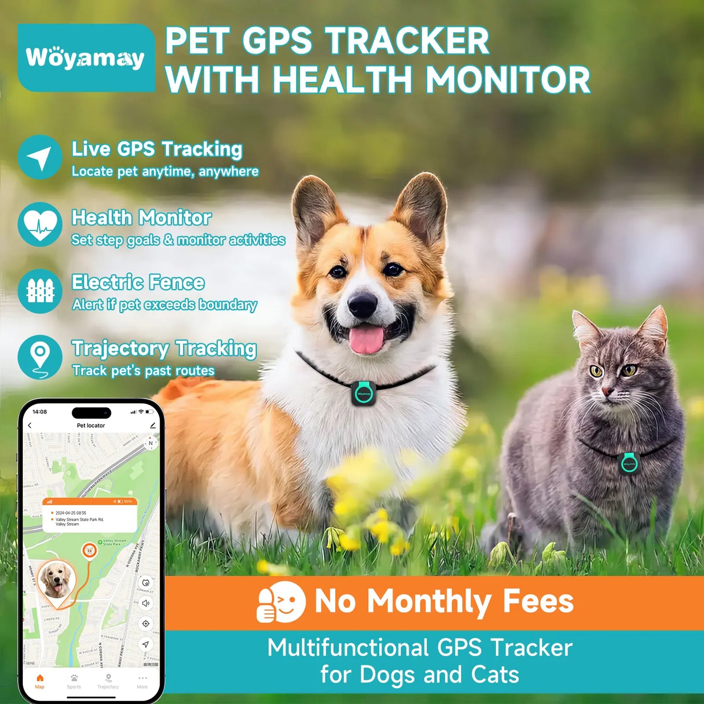 Woyamay GPS Tracker for Dogs and Cats, Tracker with Health Monitor, Mini GPS Pet Tracker, Waterproof&Light, Any Collar(Android& Ios Universal) Map Sim