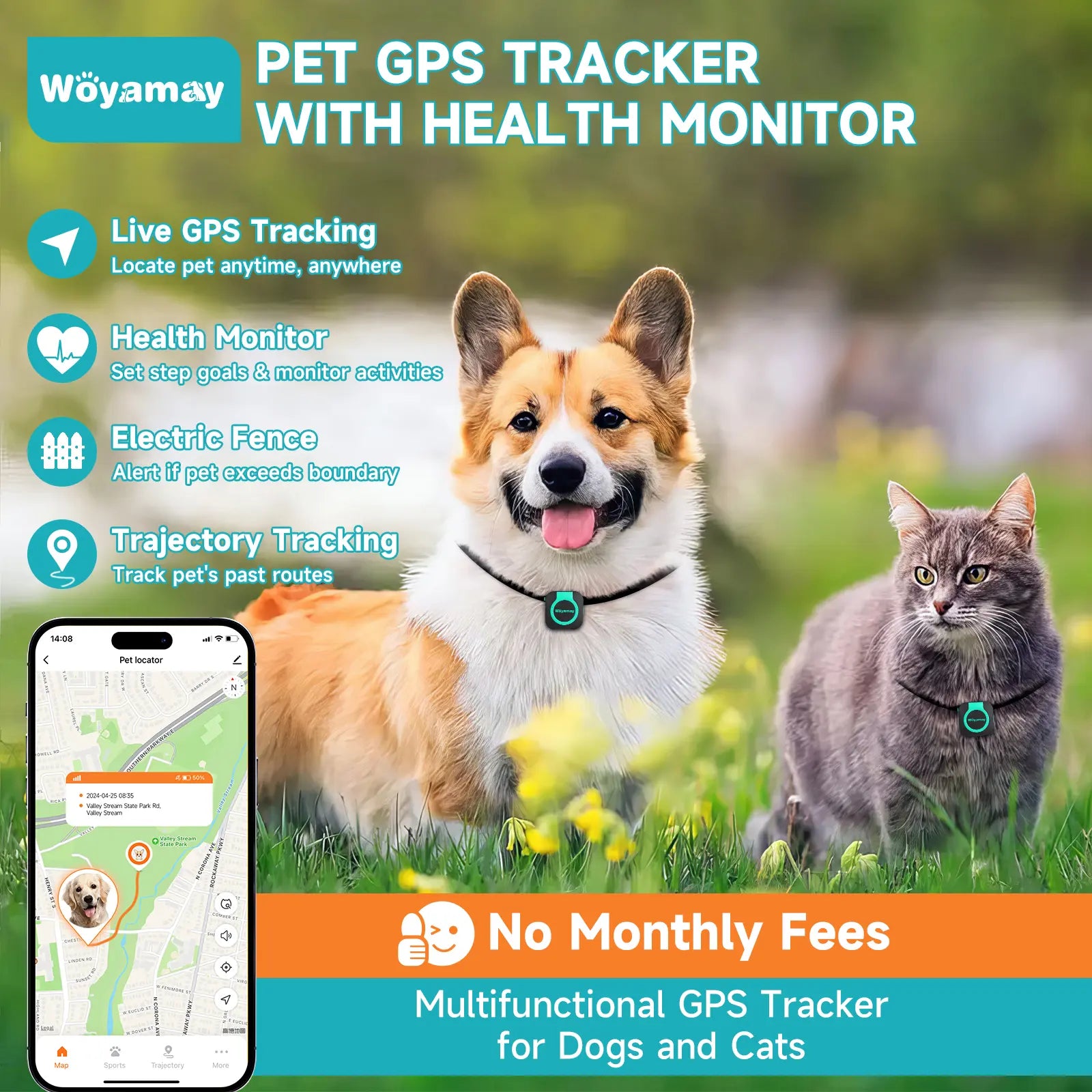 Woyamay GPS Tracker for Dogs and Cats, Tracker with Health Monitor, Mini GPS Pet Tracker, Waterproof&Light, Any Collar(Android& Ios Universal) Map Sim