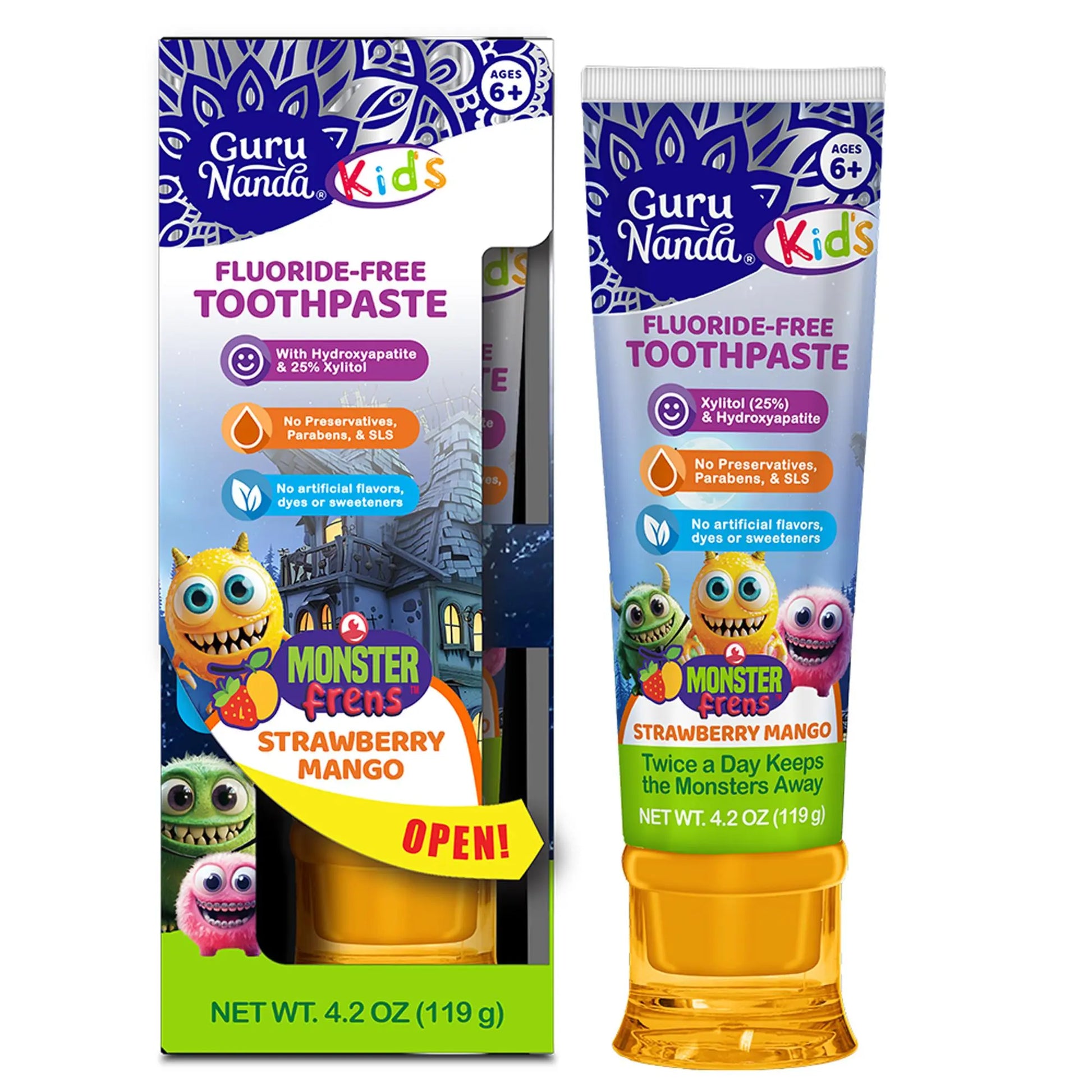 Gurunanda Kids Hydroxyapatite Toothpaste | 25% Xylitol | Fluoride-Free | Strawberry Mango Flavor | Safe to Swallow | 4.2 Oz