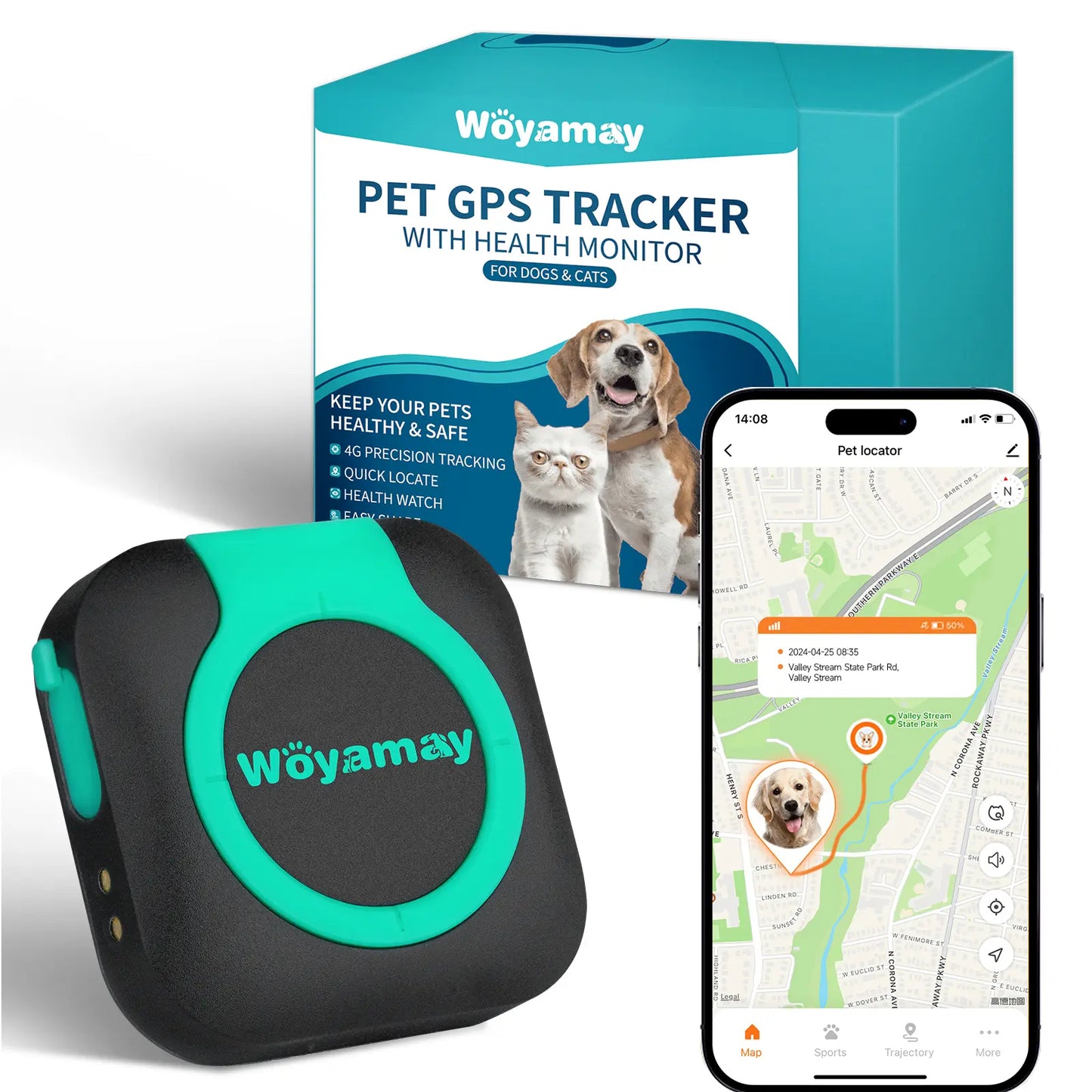 Woyamay GPS Tracker for Dogs and Cats, Tracker with Health Monitor, Mini GPS Pet Tracker, Waterproof&Light, Any Collar(Android& Ios Universal) Map Sim