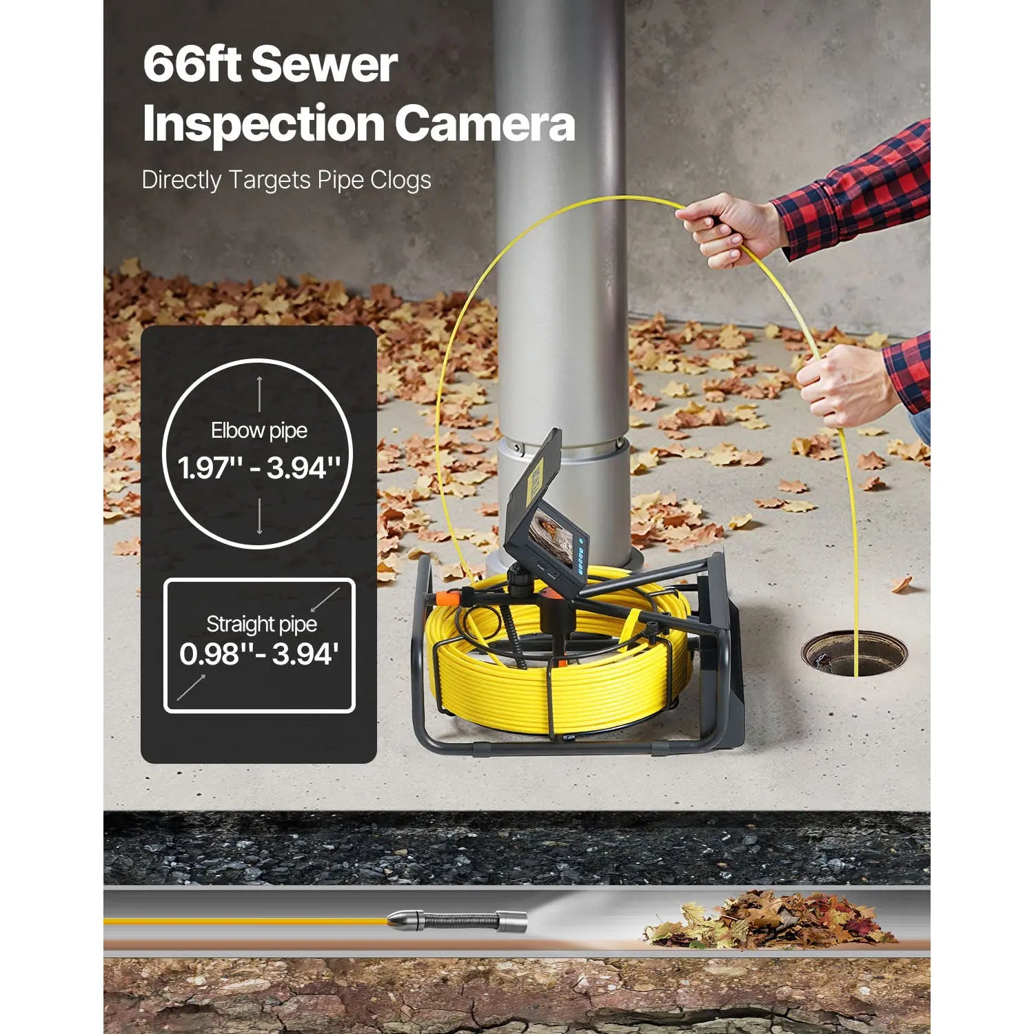 VEVOR 65.6FT Sewer Inspection Camera with 4.3" Screen, DVR Function, Waterproof IP68 Borescope, and LED Lights for Plumbing and Pipeline Inspection