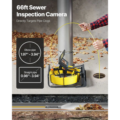 VEVOR 65.6FT Sewer Inspection Camera with 4.3" Screen, DVR Function, Waterproof IP68 Borescope, and LED Lights for Plumbing and Pipeline Inspection