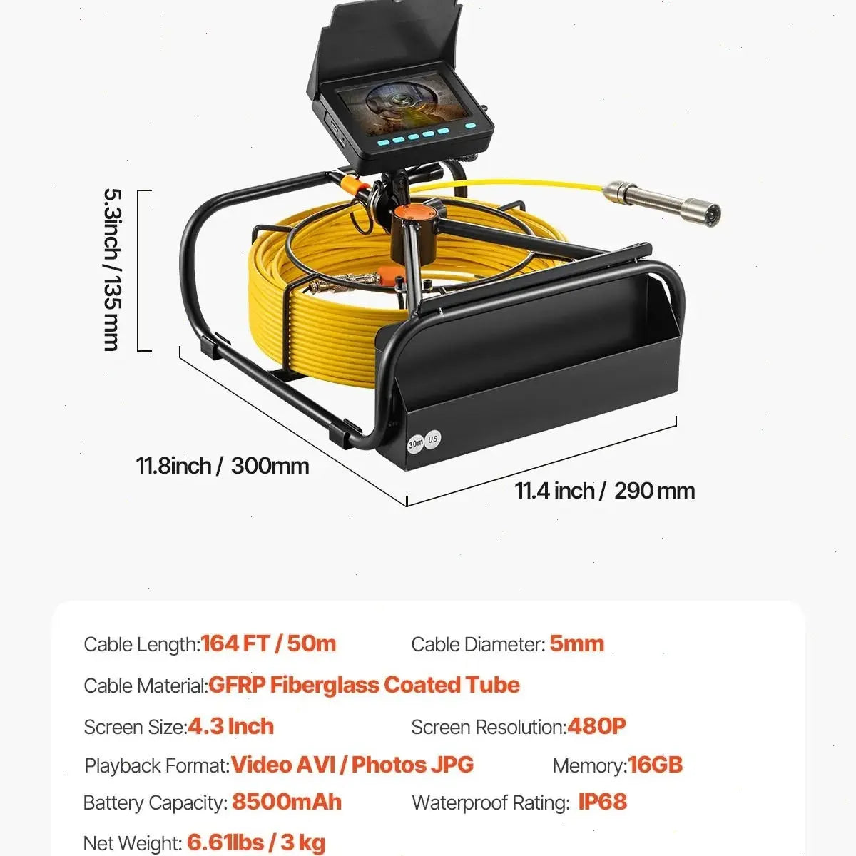 VEVOR 65.6FT Sewer Inspection Camera with 4.3" Screen, DVR Function, Waterproof IP68 Borescope, and LED Lights for Plumbing and Pipeline Inspection