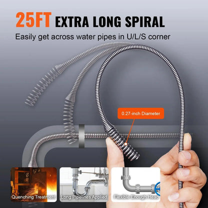 VEVOR 12V Electric Drain Auger, Summervibes, 25FT Cordless Plumbing Snake Auto Feed, Pipeline Snake Drain Clog Remover with Power Drill for 3/4"-2" Pipes, 2.0Ah Battery and Charger Included