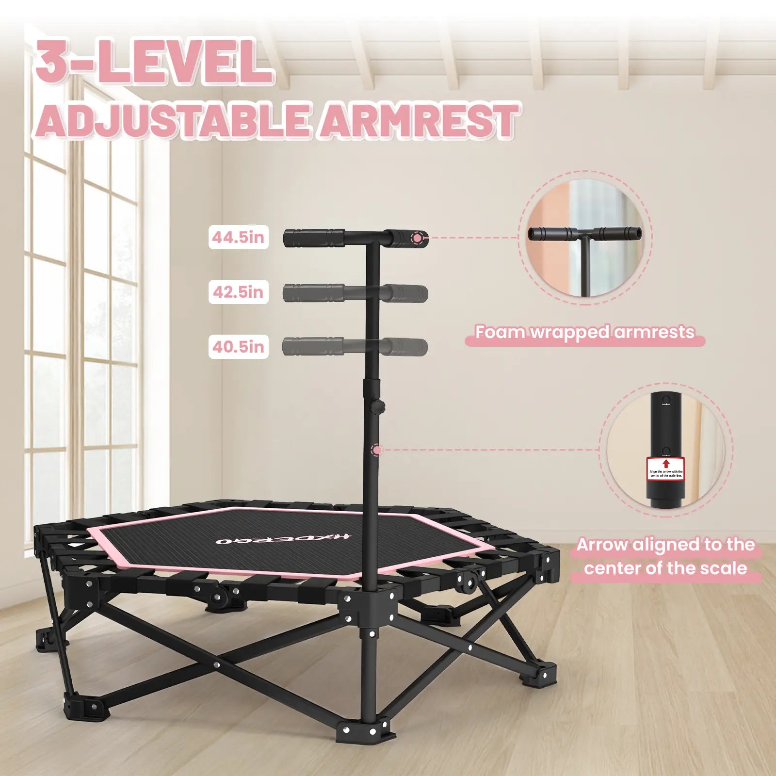 HXD-ERGO Mini Trampoline for Adults with Adjustable Foam Handle - Maximum Load Capacity 460 lbs, Easy Assembly Home Gym Equipment